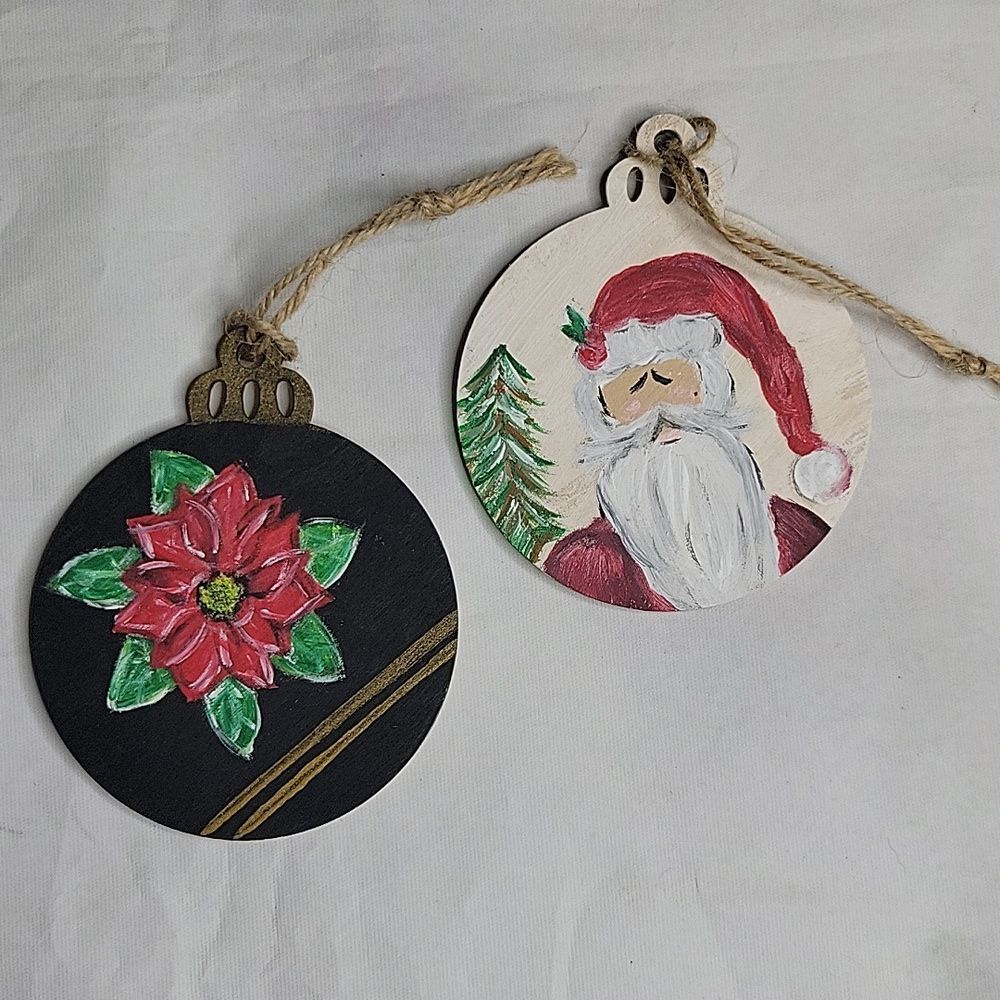 Set of 2 Handpainted Santa & Poinsettia Ornaments